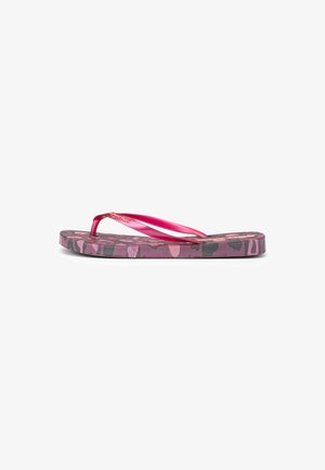 Flat flip-flop with pink and purple camouflage patterned sole and translucent pink straps with small gold logo text on one side.