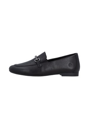 Schwarzer flacher Lederschuh mit Metallverschluss an der Seite und niedrigem Absatz.