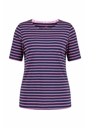 Marineblaues Kurzarmhemd mit hellrosa horizontalen Streifen, rundem Ausschnitt und Markenlabel am Kragen innen.