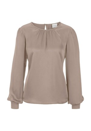 Langarmige Bluse aus leichtem Satin in Beige. Verfügt über einen runden Halsausschnitt, Raffungselemente und elastische Bündchen. Schlüssellochmodell im Rückenteil.