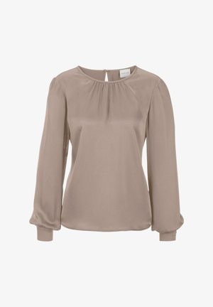Langarmige Bluse aus leichtem Satin in Beige. Verfügt über einen runden Halsausschnitt, Raffungselemente und elastische Bündchen. Schlüssellochmodell im Rückenteil.