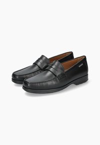 Schwarze Lederloafer mit strukturiertem Finish, ausgestattet mit einem gestickten Design und einer gepolsterten Einlegesohle. Niedrige Gummisohle für zusätzlichen Komfort.