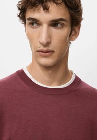 Młody mężczyzna z kręconymi brązowymi włosami, ubrany w bordowy sweter na białej koszuli, spoglądający lekko w lewo na jednolitym tle.