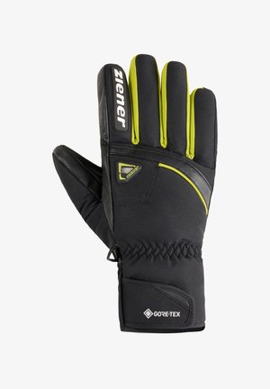 Black insulated glove with bright green accents, leather palm, and GORE-TEX branding. Features stitched wrist and reinforced grip.