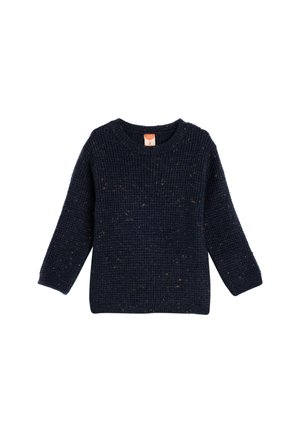 Granatowy sweter robiony na drutach z prążkowaną fakturą i splatanymi akcentami, z okrągłym dekoltem i długimi rękawami. Trwały materiał.