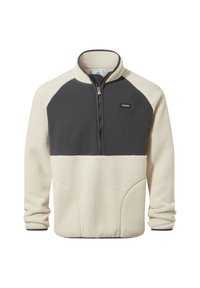 Fleece pullover in cream and dark gray, featuring half-zip, raglan sleeves, and front hand pockets with a textured fabric.