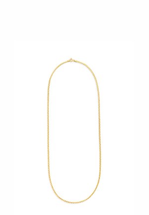 Goldfarbene Metallkette mit einem glatten, abgerundeten Design und einem Karabinerverschluss. Die Kette hat gleichmäßig verteilte Glieder und ein glänzendes Finish.