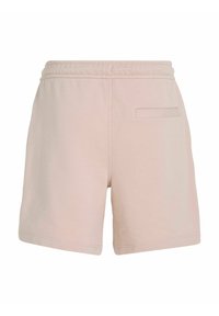 Pantalones cortos de mezcla de algodón en color rosa claro con una cinturilla elástica y un solo bolsillo trasero, con una textura suave y corte recto.