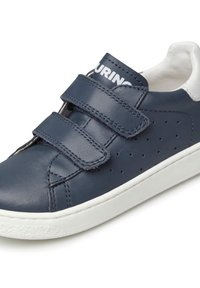 Sneaker in pelle blu navy con due fasce in Velcro, dettagli bianchi, perforazioni e suola in gomma testurizzata.