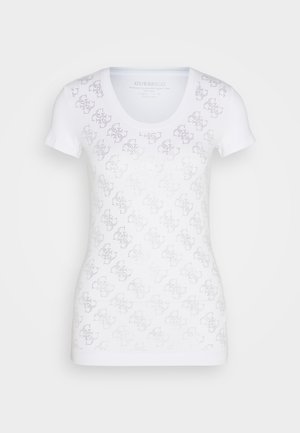 Camiseta ajustada blanca hecha de algodón orgánico, con un sutil patrón texturizado de logos en un tono más claro sobre la tela.