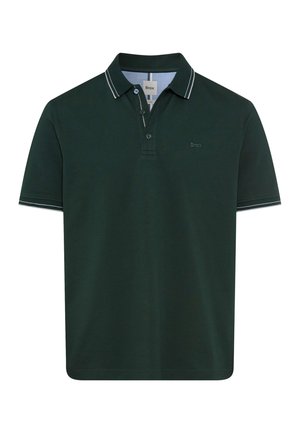 Dark green polo shirt with a two-button placket, contrasting white stripes on the collar and sleeve cuffs, made of soft cotton fabric.