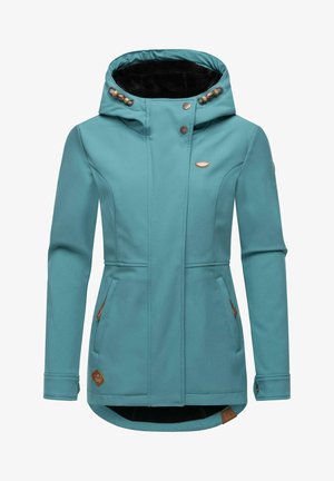 A turquoise softshell jacket featuring a high collar, brown accents, two side pockets, and button details on the hood.