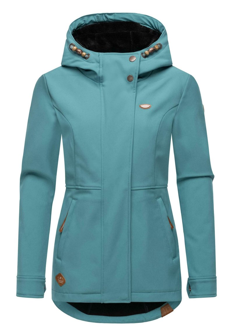 Türkiissinine pehmejakks, millel on kõrge krae, pruuni aksessuaari, kaks küljetaskut ja nööbid kapuutsil.