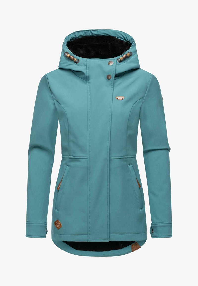 Türkiissinine pehmejakks, millel on kõrge krae, pruuni aksessuaari, kaks küljetaskut ja nööbid kapuutsil.