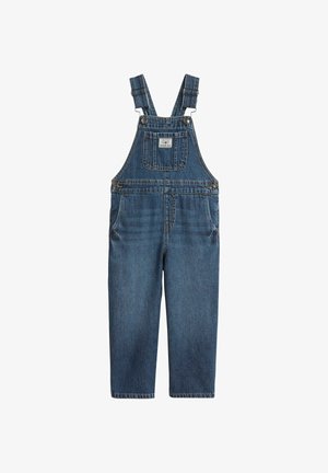 Denim overalls in dark blue, featuring adjustable straps, a front pocket, and two side pockets. Smooth texture with a relaxed fit.