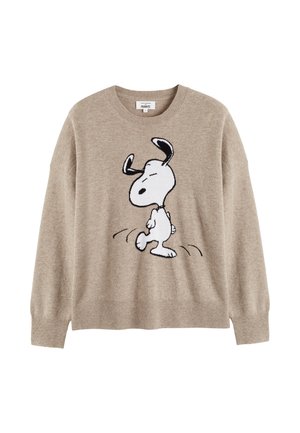 Pull en tricot beige avec un motif Snoopy noir et blanc sur le devant. Le design comprend un col rond et une coupe décontractée.