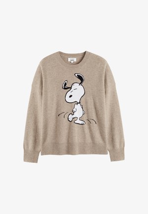 Beige knitted sweater featuring a black and white Snoopy graphic on the front. The design includes a round neckline and relaxed fit.
