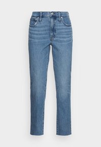 Ljust blå denimjeans med rak ben-design, med fem fickor, bältesslingor och ett subtilt blekningsmönster på låren.