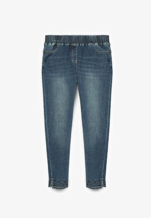 Jeans mit dunklem Blauton, elastischem Bund, Vorderaschen und dekorativen Nietenakzenten am Saum. Schlanke, zulaufende Passform.
