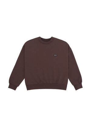 Dark brown crewneck sweatshirt with long sleeves and a small rectangular logo on the left chest area.