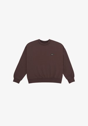 Dark brown crewneck sweatshirt with long sleeves and a small rectangular logo on the left chest area.