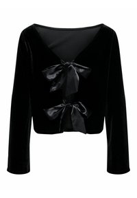 Crop top in velluto nero con maniche lunghe, scollatura a V e tre nastri di raso legati sul davanti, caratterizzato da una texture liscia e un design aderente.