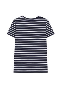 Marinblå kortärmad t-shirt med vita horisontella ränder, rund halsringning, bomullsmaterial och en avslappnad passform.