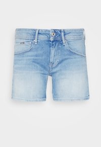 Ljusblå denimshorts med en blekt finish, femficksdesign, metallknappstängning och rak skärning vid lårhöjd.