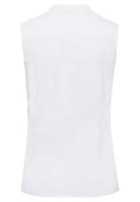 Hvid ærmeløs bluse med krave, glat tekstur og lige snit. Har en rygskoning og afrundet kant.
