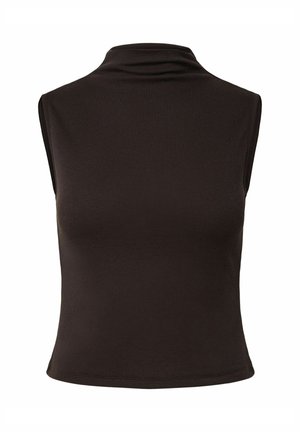 Ermeløs svart ribbestrikket topp med høy hals og tettsittende silhuett, forfra.