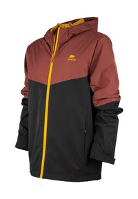 Giacca con cappuccio, parte superiore color bordeaux e parte inferiore nera, con zip gialla, logo e polsini regolabili. Tessuto liscio e resistente.