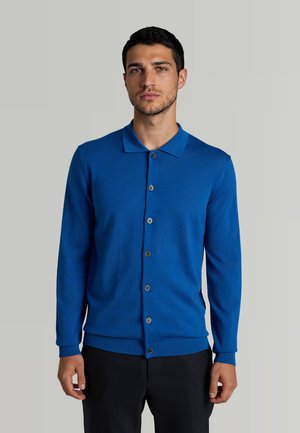 Mand med kort mørkt hår iført en blå knappet cardigan med krave og sorte bukser mod en grå baggrund.