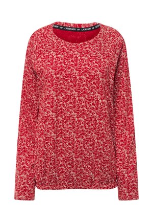 Camisa de manga larga roja con un patrón floral blanco, tela suave, escote redondeado y etiqueta de marca negra en el collar.