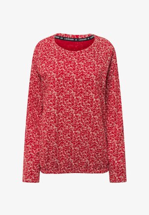 Langarmiges rotes Shirt mit einem weißen Blumenmuster, weichem Stoff, rundem Ausschnitt und schwarzem Markenetikett am Kragen.