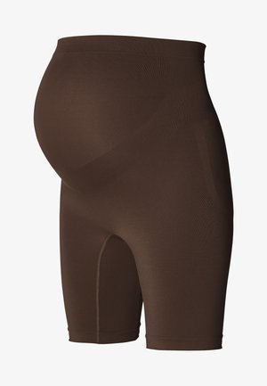 Bruine zwangerschapssteunshorts met een hoge tailleband, geribbelde textuur en naadloos ontwerp, die bedekking en comfort bieden voor het buikgebied.