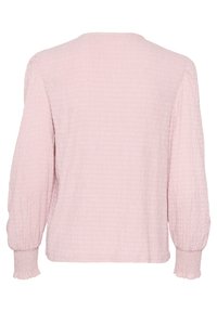 Blusa rosa chiaro in tessuto testurizzato, con maniche lunghe a sbuffo e polsini arricciati, scollatura tonda e vestibilità comoda.