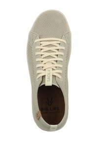 Light green mesh sneaker with beige laces, textured upper, and cork insole. Features branding on the tongue and heel tab.