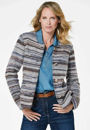 Gevoerde jas met horizontale strepen in grijs, bruin en blauw, met een ronde kraag en metalen knopen, gecombineerd met een denim overhemd.