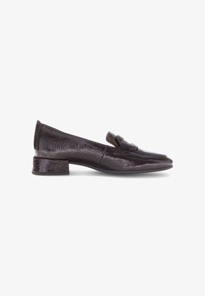 Burgundy patent leather loafer with a pointed toe, textured surface, and a low block heel. Features a decorative strap at the front.