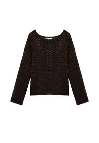 Brun, langærmet striktrøje med et åbent mønster i blonder, bred udsk�æring og cropped kant.