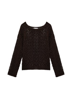 Brun, langærmet striktrøje med et åbent mønster i blonder, bred udskæring og cropped kant.