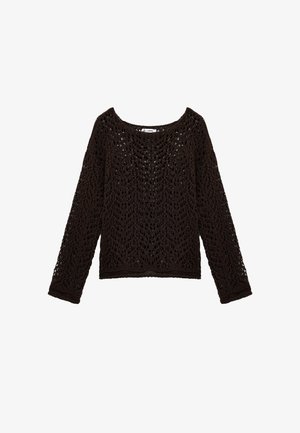 Brun, langærmet striktrøje med et åbent mønster i blonder, bred udskæring og cropped kant.