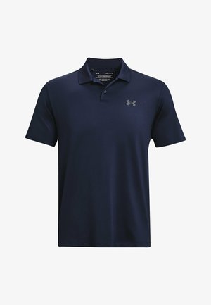 Marineblå polo-shirt lavet af glat stof, kortærmet, med krave og et lille gråt logo på venstre bryst.