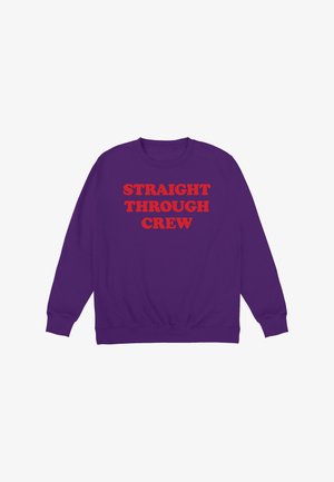 Felpa girocollo viola con testo rosso audace che recita "STRAIGHT THROUGH CREW" in un carattere prominente e squadrato.