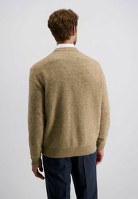 Mann in einem beigen Strickpullover und dunklen Hosen, von hinten vor einem hellen, einfarbigen Hintergrund betrachtet.