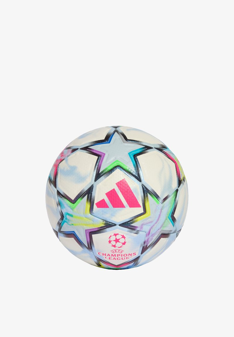 Λευκή ποδοσφαιρική μπάλα Adidas UEFA Champions League με πολύχρωμα αστέρια και ροζ λογότυπο.
