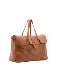 Borsa in pelle marrone con design strutturato, dotata di doppi manici, una tracolla rimovibile e una chiusura a ribalta con dettagli metallici.