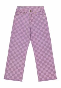 Fioletowe dżinsy w kratę o szerokich nogawkach z postrzępionym dołem, wykonane z denimu, z przednimi kieszeniami i złotymi akcentami.