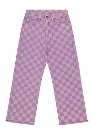 Jeans larges à carreaux violets avec un ourlet effiloché, fabriqués en denim, dotés de poches avant et d'accents en métal doré.