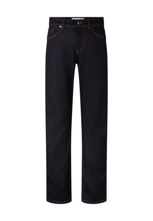 Dark blue denim jeans with a straight leg design, accented by orange stitching, front pockets, and a button closure at the waist.